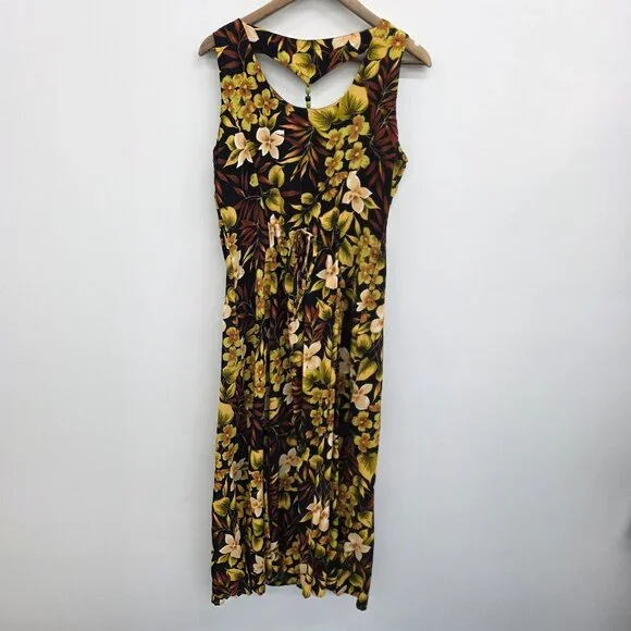 Vtg Scarlett Sleeveless Maxi Dress Womens 14 Black Yellow Hawaiian Floral Y2K - Picture 5 of 13
